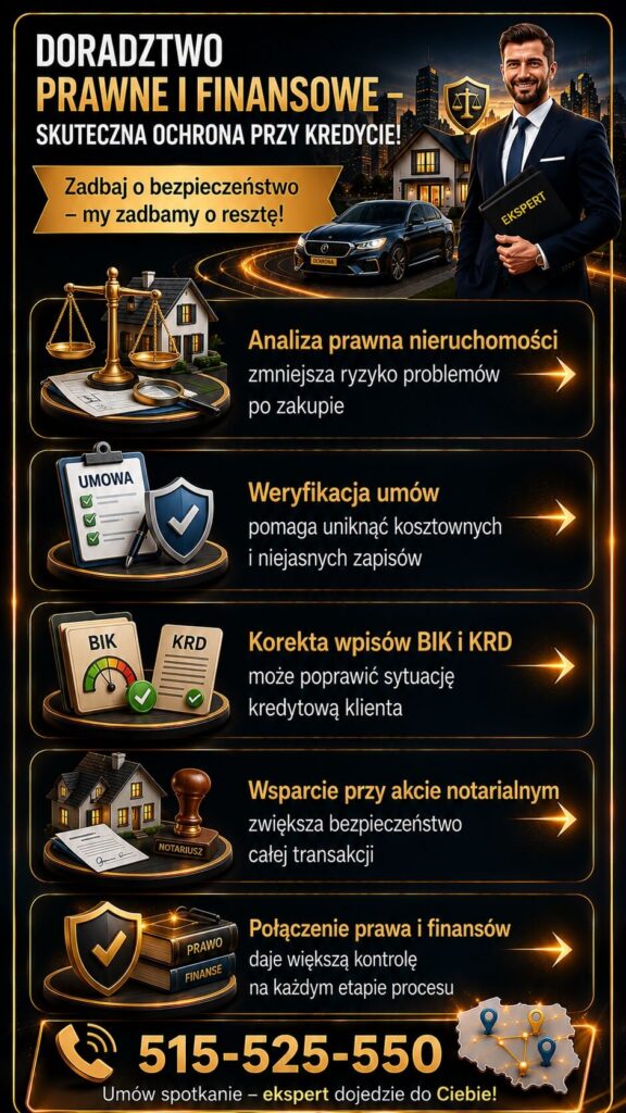 Doradca hipoteczny zapewniający wsparcie prawne i finansowe przy zakupie nieruchomości oraz kredycie hipotecznym. Grafika przedstawia analizę umów, korektę wpisów BIK i KRD, bezpieczeństwo aktu notarialnego oraz ochronę interesów klienta podczas całego procesu.