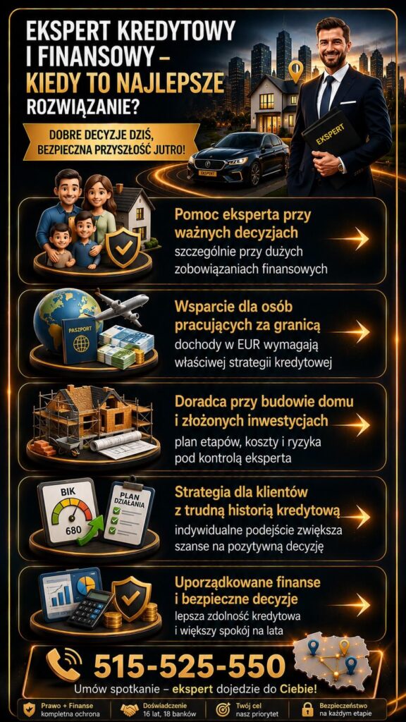 Specjalista kredytowy pomagający uporządkować finanse, poprawić zdolność kredytową oraz wybrać najlepszą strategię finansowania nieruchomości. Grafika pokazuje wsparcie przy kredytach hipotecznych, analizie kosztów i bezpiecznym podejmowaniu decyzji finansowych.