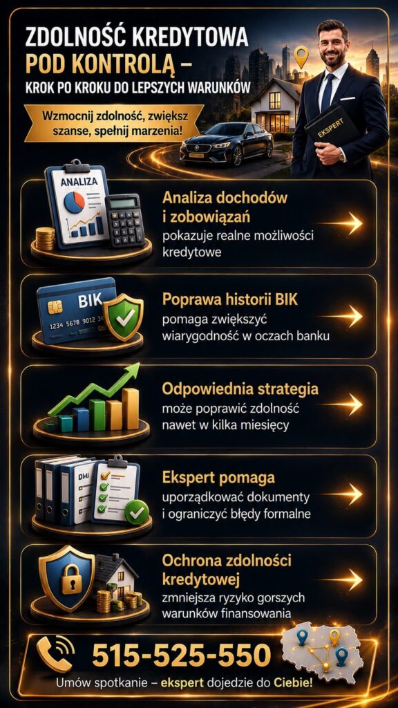 Ekspert kredytowy analizujący zdolność kredytową klienta, historię BIK oraz dokumenty potrzebne do uzyskania finansowania. Grafika przedstawia doradztwo przy poprawie możliwości kredytowych, ochronie finansów oraz zwiększaniu szans na kredyt hipoteczny i kredyt na mieszkanie.