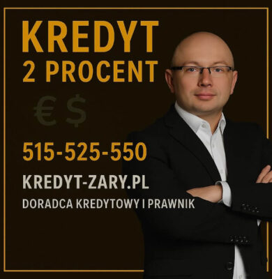 Grafika reklamowa doradcy kredytowego i prawnika przedstawiająca ofertę „Kredyt 2 procent” dla klientów z Żar, z czytelnym numerem telefonu 515-525-550, adresem kredyt-zary.pl oraz profesjonalnym zdjęciem doradcy w garniturze na ciemnym tle z elegancką ramką.
