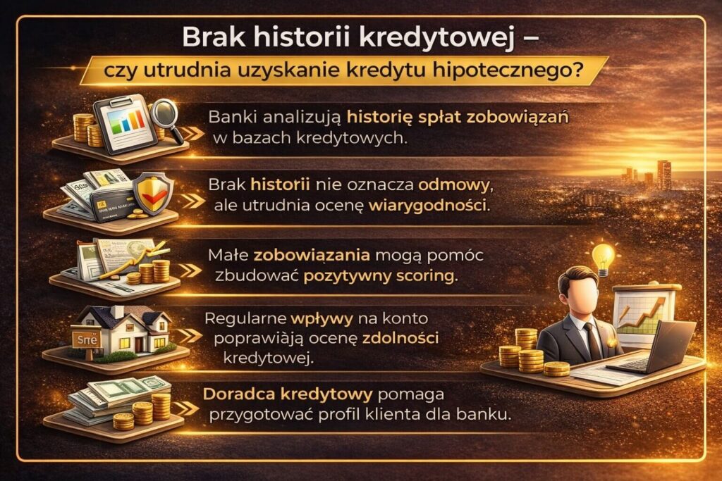 Brak historii kredytowej a możliwość uzyskania kredytu mieszkaniowego. Grafika pokazuje jak banki oceniają wiarygodność finansową klienta, znaczenie regularnych wpływów na konto oraz budowanie pozytywnego scoringu przed złożeniem wniosku o kredyt hipoteczny.