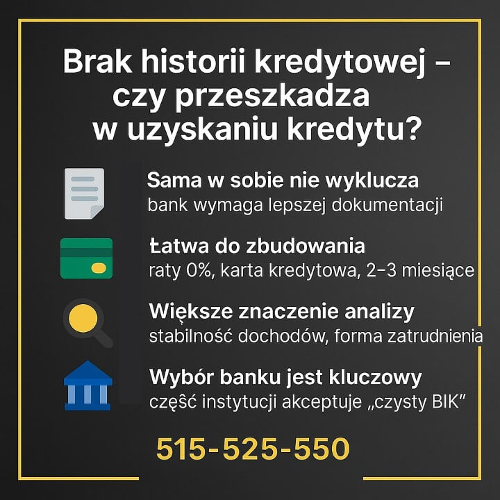 Kredyt 2 procent - grafika omawiająca wpływ braku historii kredytowej na szanse uzyskania kredytu hipotecznego: potrzeba lepszej dokumentacji, możliwość szybkiego zbudowania historii, większe znaczenie analizy dochodów i wyboru właściwego banku.