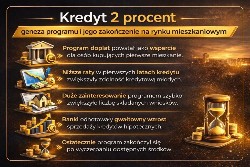 Geneza programu dopłat do kredytów mieszkaniowych dla młodych kupujących pierwsze mieszkanie. Grafika pokazuje powstanie programu, wzrost zainteresowania kredytami hipotecznymi oraz jego zakończenie po wyczerpaniu dostępnych środków finansowych.