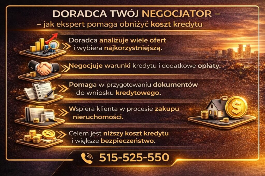 Ekspert kredytowy negocjujący warunki programu kredyt 2 procent dla młodych kredytobiorców. Infografika pokazuje analizę ofert banków, negocjacje kosztów kredytu hipotecznego, pomoc w przygotowaniu dokumentów oraz wsparcie przy zakupie nieruchomości, aby obniżyć całkowity koszt finansowania.