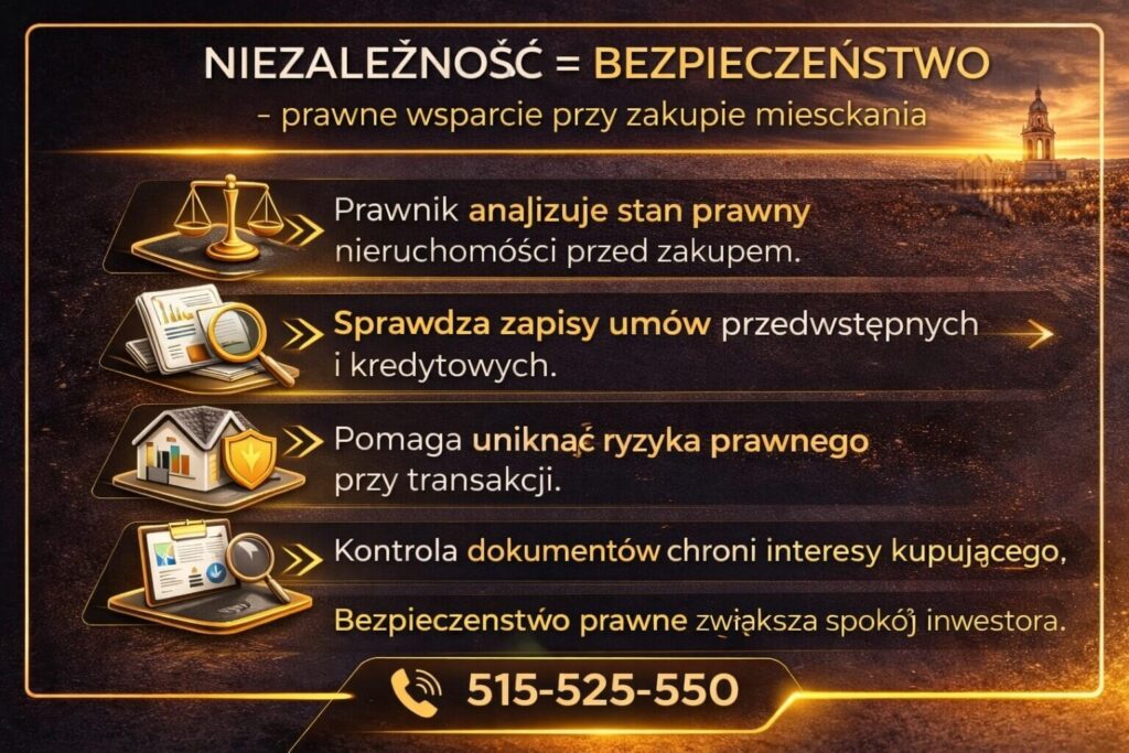 Bezpieczeństwo zakupu nieruchomości dzięki współpracy doradcy finansowego i prawnika przy kredycie mieszkaniowym z dopłatą państwa. Grafika pokazuje analizę stanu prawnego nieruchomości, weryfikację umów oraz ochronę interesów klienta przy finansowaniu mieszkania.