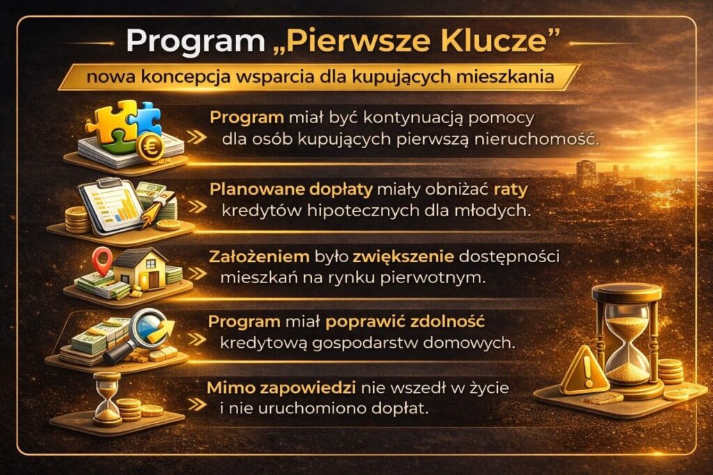 Program „Pierwsze Klucze” jako planowane wsparcie dla osób kupujących pierwsze mieszkanie po zakończeniu programu dopłat do kredytów mieszkaniowych. Grafika pokazuje ideę nowych dopłat, zwiększenie dostępności mieszkań oraz poprawę zdolności kredytowej młodych kupujących.