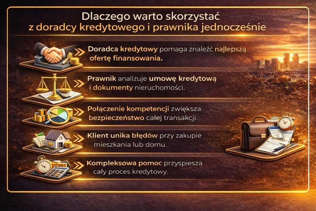 Połączenie kompetencji doradcy kredytowego i prawnika przy finansowaniu zakupu mieszkania. Infografika pokazuje analizę umowy kredytowej, weryfikację dokumentów nieruchomości oraz zwiększenie bezpieczeństwa transakcji przy kredycie hipotecznym dla młodych klientów.