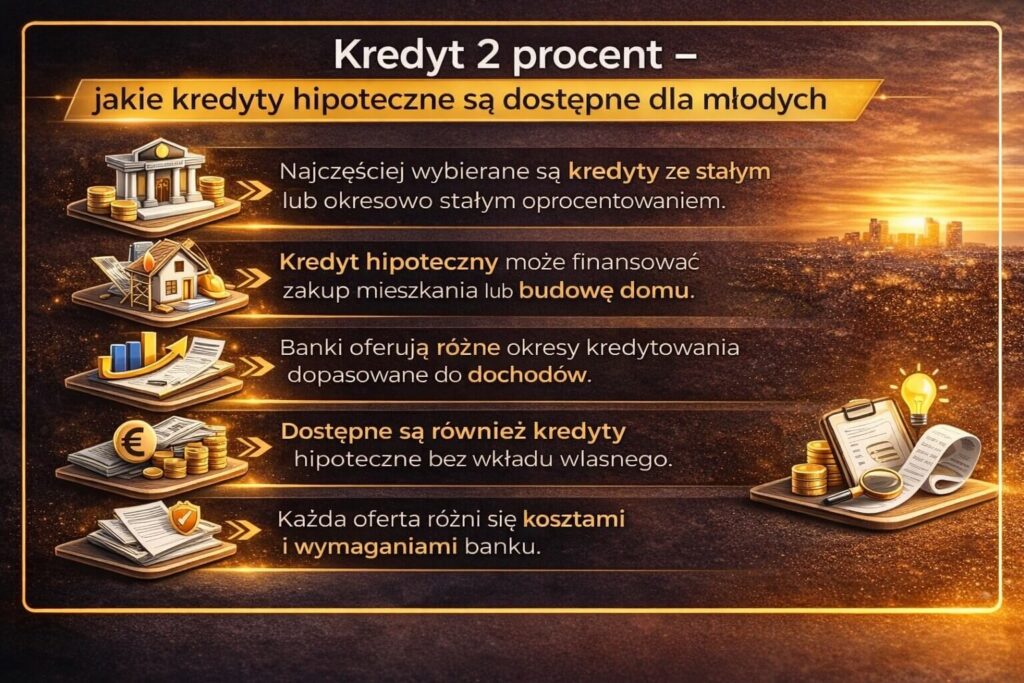 Programy wsparcia dla młodych kupujących mieszkanie, takie jak kredyty hipoteczne z dopłatą lub gwarancją wkładu własnego. Grafika pokazuje możliwości finansowania zakupu mieszkania lub budowy domu oraz dostępność kredytu dla osób rozpoczynających swoją drogę do własnej nieruchomości.