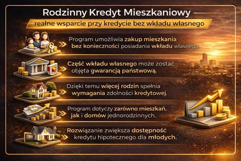 Rodzinny kredyt mieszkaniowy jako rozwiązanie umożliwiające zakup nieruchomości bez wkładu własnego. Infografika przedstawia gwarancję państwową, większą dostępność finansowania dla rodzin oraz możliwość uzyskania kredytu hipotecznego na mieszkanie lub dom.
