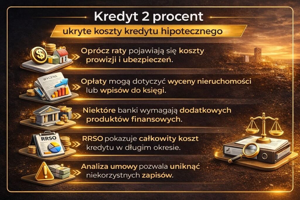Ukryte koszty kredytu hipotecznego z dopłatą – grafika pokazuje prowizje, ubezpieczenia, koszty wyceny nieruchomości oraz wpisów do księgi wieczystej. Infografika podkreśla znaczenie analizy RRSO i dokładnego sprawdzenia umowy kredytowej przed podpisaniem finansowania.