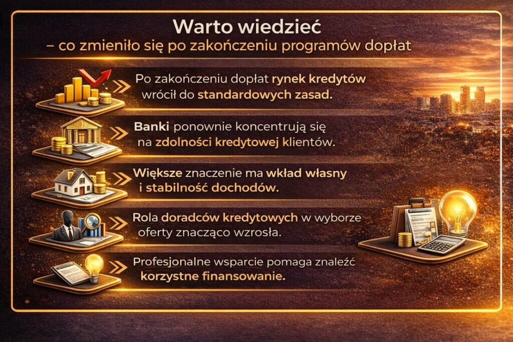 Zmiany na rynku kredytów hipotecznych po zakończeniu programów dopłat dla młodych. Grafika pokazuje powrót do standardowej oceny zdolności kredytowej, większe znaczenie wkładu własnego oraz rolę doradców finansowych w wyborze korzystnego finansowania mieszkania.