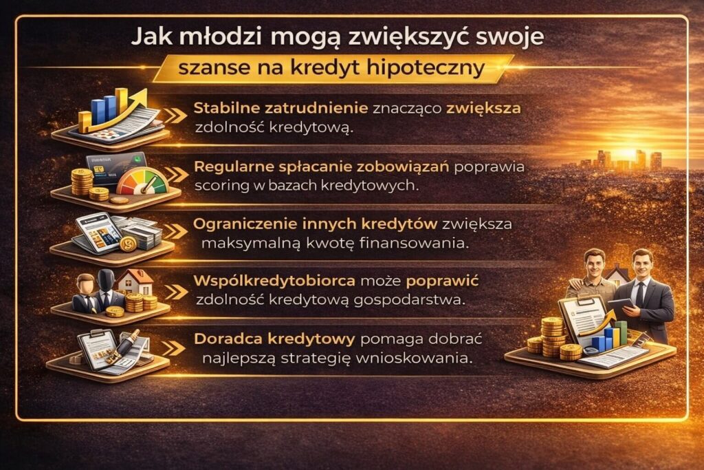 Jak zwiększyć szanse na uzyskanie kredytu hipotecznego dla młodych kupujących mieszkanie. Infografika pokazuje znaczenie stabilnego zatrudnienia, dobrej historii kredytowej, ograniczenia zobowiązań oraz wsparcia eksperta kredytowego w przygotowaniu wniosku o finansowanie.