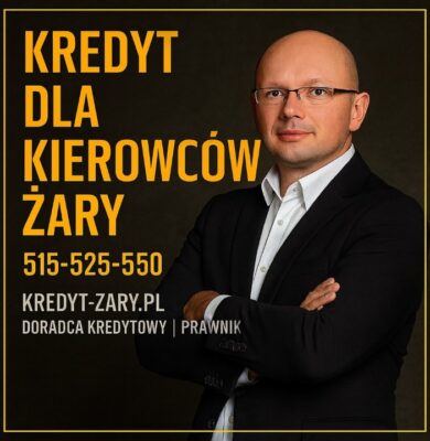Profesjonalna grafika przedstawiająca doradcę kredytowego i prawnika oferującego kredyt dla kierowcy w Żarach. Na ciemnym tle znajduje się złota ramka, duży nagłówek „Kredyt dla kierowców Żary” oraz numer kontaktowy 515-525-550 zapewniający szybkie wsparcie.