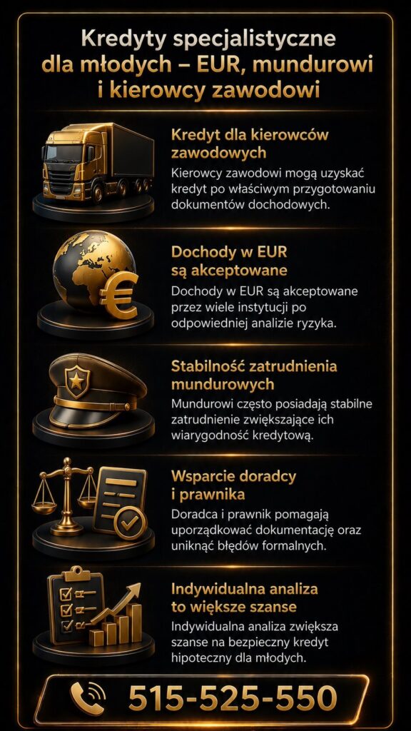 Kredyt dla młodych Żary - specjalistyczne wsparcie dla kierowców zawodowych, osób zarabiających w EUR oraz służb mundurowych. Grafika pokazuje analizę dochodów zagranicznych, stabilność zatrudnienia i pomoc doradcy kredytowego oraz prawnika przy kredycie hipotecznym.