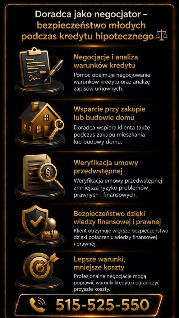 Hipoteczne wsparcie dla młodych klientów w Żarach obejmujące negocjacje warunków kredytu i analizę umów. Grafika przedstawia pomoc przy zakupie mieszkania lub budowie domu, weryfikację umowy przedwstępnej oraz zwiększenie bezpieczeństwa finansowego i prawnego.