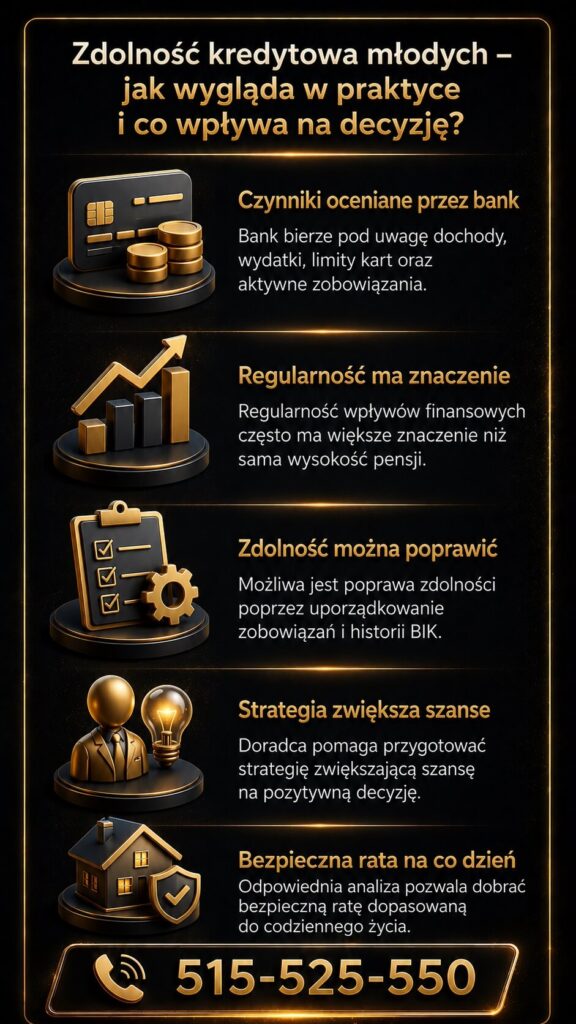 Kredyt dla młodych Żary - zdolność kredytowa młodych klientów i czynniki wpływające na decyzję banku. Grafika prezentuje analizę dochodów, regularność wpływów, poprawę historii BIK, strategię finansową oraz dobór bezpiecznej raty kredytu hipotecznego.