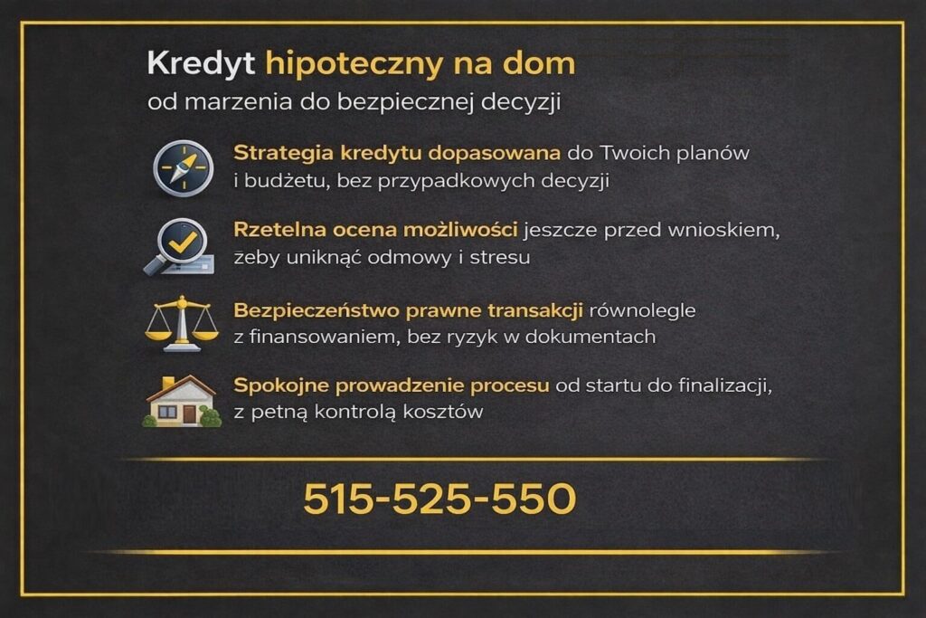 Finansowanie domu w Jasieniu kredytem hipotecznym - grafika pokazująca drogę od planu do bezpiecznej decyzji kredytowej. Ilustracja podkreśla strategię dopasowaną do budżetu, rzetelną ocenę możliwości przed wnioskiem, bezpieczeństwo prawne transakcji oraz spokojne prowadzenie całego procesu z kontrolą kosztów.