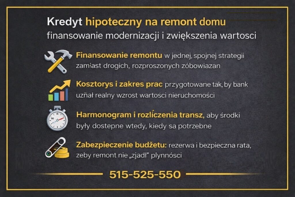 Grafika informacyjna dotycząca kredytu hipotecznego na remont domu, pokazująca finansowanie modernizacji, przygotowanie kosztorysu, harmonogram transz oraz zabezpieczenie budżetu. Rozwiązanie dla właścicieli domów chcących zwiększyć wartość nieruchomości bez ryzyka utraty płynności finansowej.