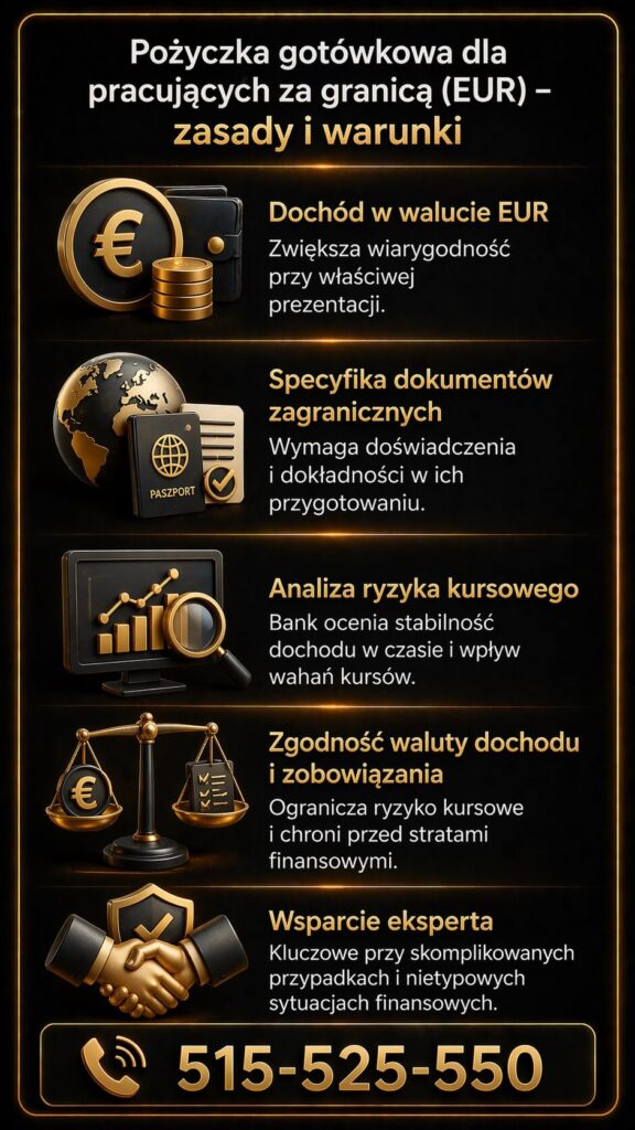 Pożyczka gotówkowa Łęknica – grafika dla osób pracujących za granicą i zarabiających w EUR. Infografika omawia dochód w euro, analizę ryzyka kursowego, dokumenty zagraniczne oraz wsparcie eksperta kredytowego pomagającego uzyskać finansowanie na korzystnych warunkach.