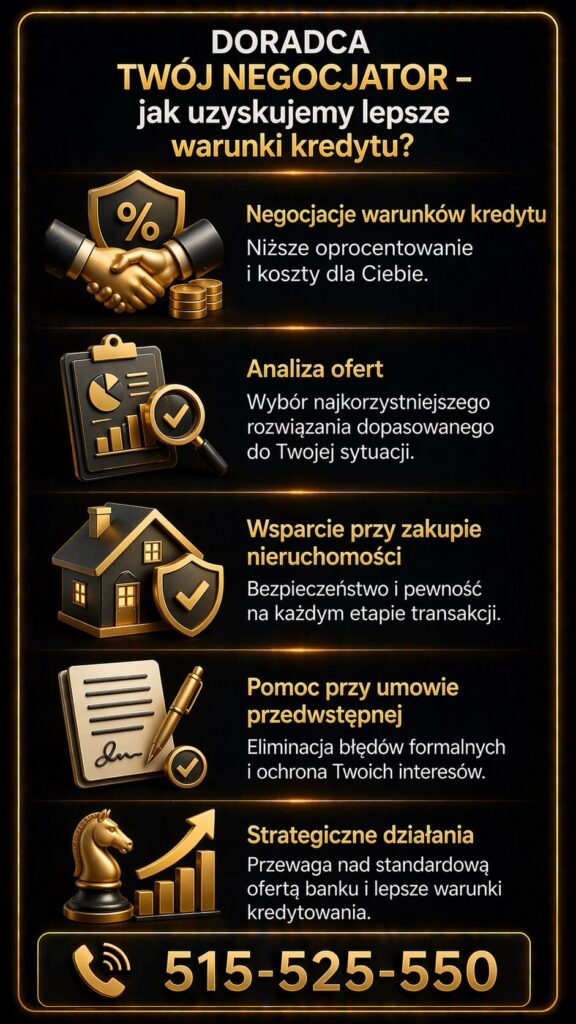 Kredyt gotówkowy Łęknica – grafika pokazująca rolę doradcy jako negocjatora warunków kredytu. Infografika przedstawia analizę ofert, wsparcie przy zakupie nieruchomości, pomoc przy umowie przedwstępnej oraz działania zwiększające szanse na lepsze warunki finansowania.