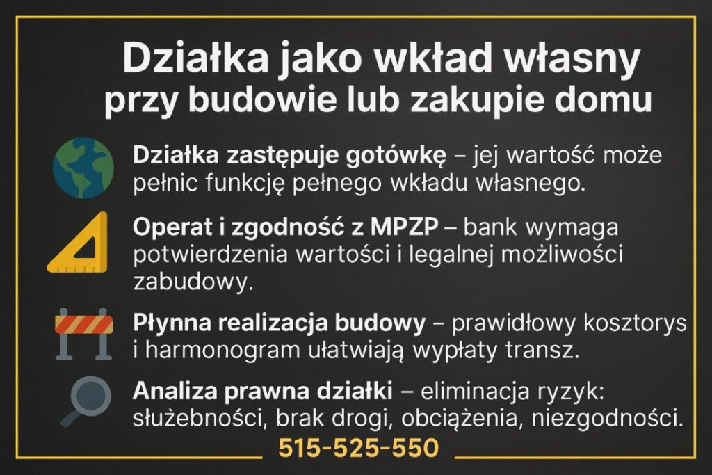 Grafika przedstawia zasady wykorzystania działki jako wkładu własnego przy kredycie hipotecznym bez wkładu, w tym znaczenie operatu, zgodności z MPZP, płynnej realizacji budowy oraz analizy prawnej. Ikony i ciemne tło podkreślają charakter informacyjny.