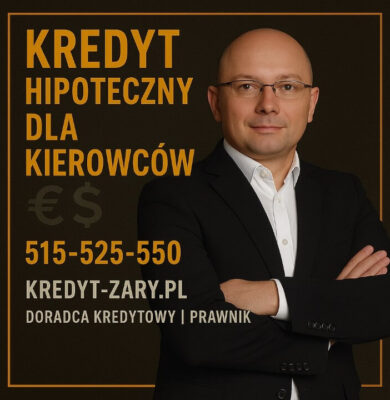Grafika przedstawiająca doradcę kredytowego i prawnika promującego kredyt hipoteczny dla kierowców. Na ciemnym tle z żółtą ramką widoczny napis o specjalizacji, numer telefonu 515-525-550 oraz adres kredyt-zary.pl, podkreślające mobilne i bezpieczne doradztwo.
