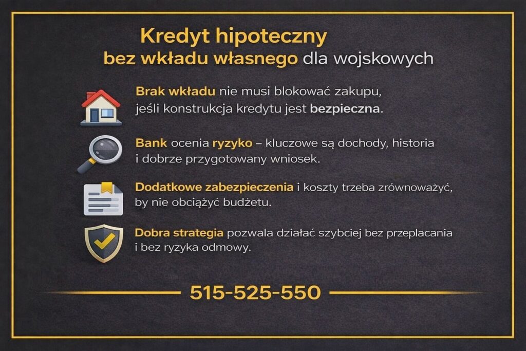 Kredyt hipoteczny dla wojskowych Szprotawa bez wkładu własnego – grafika informacyjna pokazująca, że brak oszczędności nie musi blokować zakupu mieszkania lub domu, jeśli kredyt hipoteczny jest dobrze skonstruowany, a zdolność kredytowa i ryzyko bankowe zostały właściwie przeanalizowane.