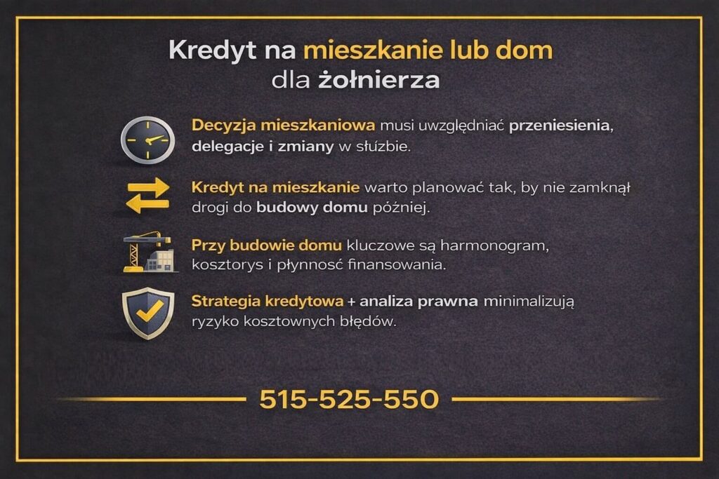 Kredyt hipoteczny dla wojskowych Szprotawa na mieszkanie lub dom - grafika przedstawia podejście uwzględniające przeniesienia służbowe, delegacje i zmiany w wojsku, pokazując jak zaplanować finansowanie nieruchomości bez zamykania drogi do budowy domu w przyszłości.
