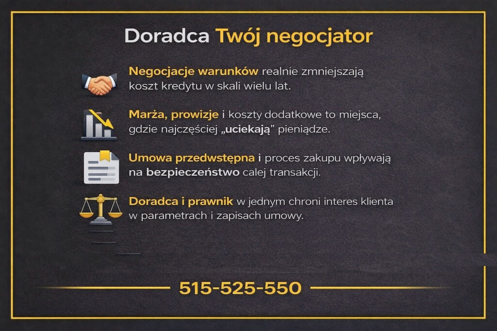 Kredyt hipoteczny dla wojskowych Szprotawa - grafika wyjaśnia rolę doradcy jako negocjatora, który obniża koszt kredytu hipotecznego poprzez analizę marży, prowizji i zapisów umowy, dbając o bezpieczeństwo transakcji i interes klienta w długim okresie.