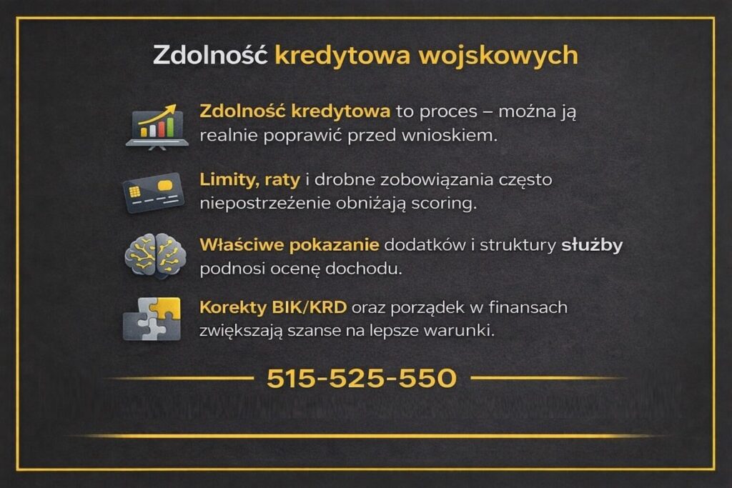 Zdolność kredytowa wojskowych Szprotawa - grafika edukacyjna pokazuje, że ocena bankowa to proces możliwy do poprawy przed wnioskiem, a uporządkowanie zobowiązań, korekty BIK i właściwe pokazanie dodatków służbowych zwiększają szanse na lepsze warunki kredytu.