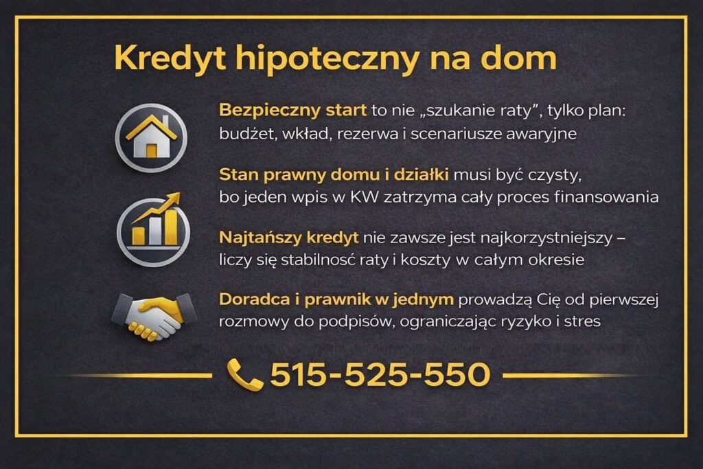 Kredyt hipoteczny na dom w Żarach - grafika prezentująca bezpieczny start w finansowaniu nieruchomości. Podkreśla rolę budżetu, wkładu własnego, rezerwy finansowej, czystego stanu prawnego oraz wsparcia doradcy kredytowego i prawnika na każdym etapie procesu.