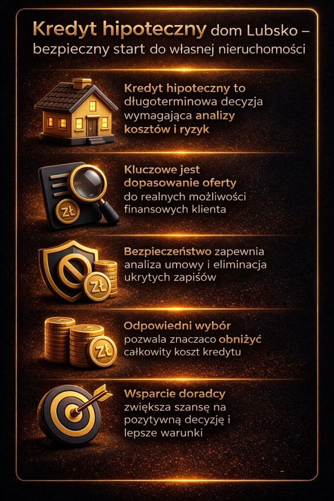 Kredyt hipoteczny dom Lubsko – bezpieczny start do własnej nieruchomości. Grafika przedstawia analizę kosztów, dopasowanie oferty do możliwości finansowych oraz wsparcie doradcy, który pomaga obniżyć koszt kredytu i zwiększyć szanse na pozytywną decyzję banku.