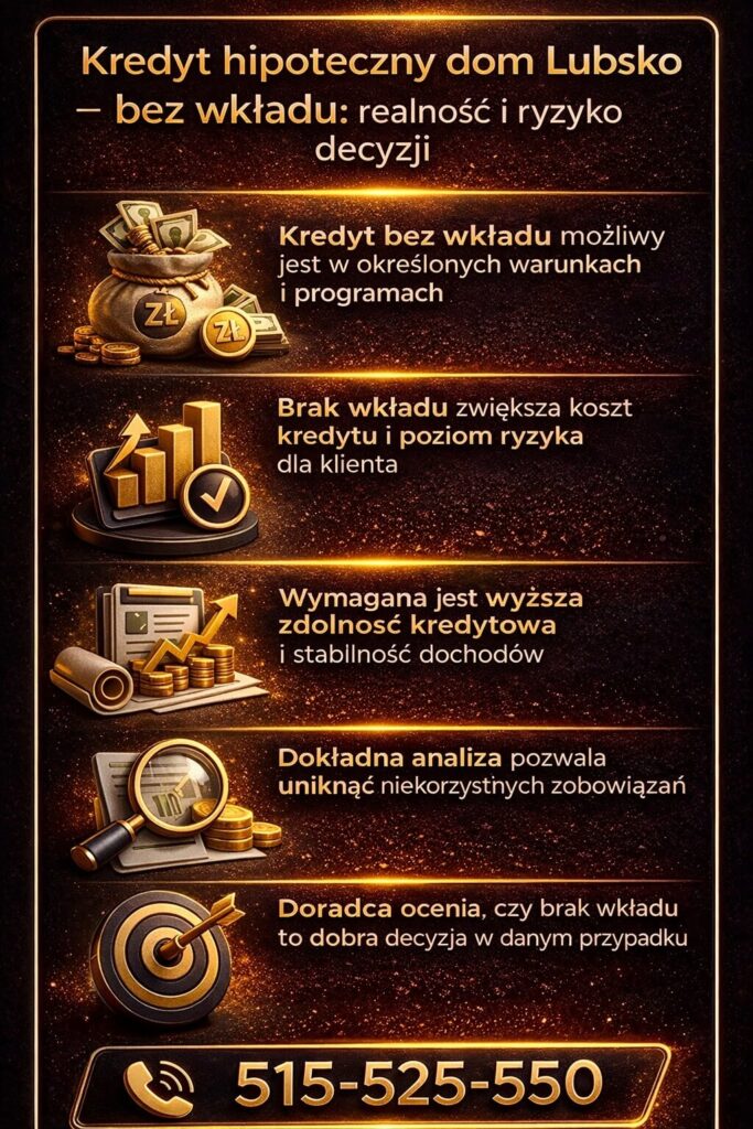 Kredyt hipoteczny dom Lubsko bez wkładu własnego – realność i ryzyko decyzji. Grafika prezentuje warunki uzyskania finansowania bez wkładu, wyższe wymagania banków oraz znaczenie analizy zdolności kredytowej i kosztów całkowitych.