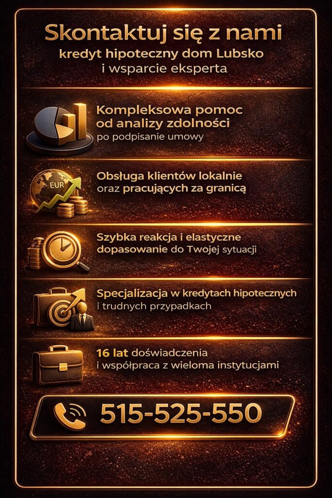 Doradca kredytowy Lubsko – kompleksowe wsparcie przy kredycie hipotecznym. Grafika prezentuje analizę zdolności, elastyczne podejście, obsługę lokalną i zagraniczną oraz doświadczenie eksperta pomagającego w uzyskaniu najlepszych warunków finansowania.