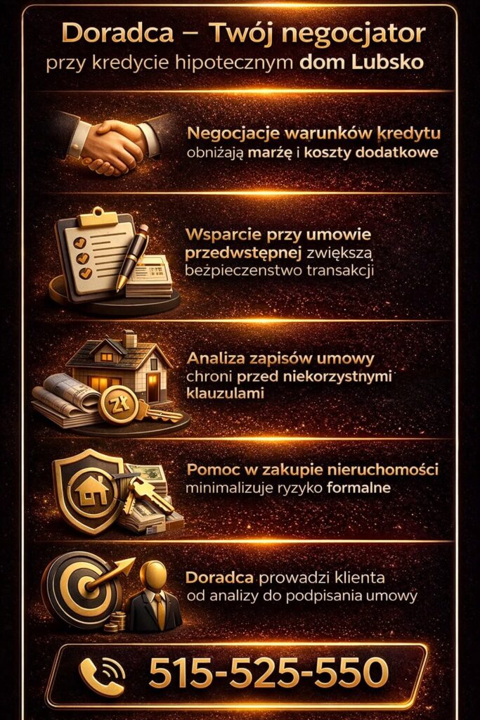 Ekspert kredytowy Lubsko – negocjacje warunków kredytu hipotecznego na dom. Grafika pokazuje obniżanie marży, analizę umowy oraz wsparcie przy zakupie nieruchomości, które zwiększa bezpieczeństwo i ogranicza ryzyko formalne.