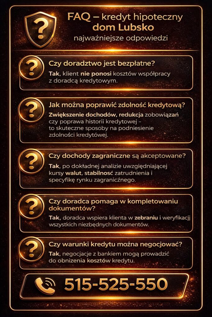 Najważniejsze pytania o kredyt hipoteczny na dom w Lubsku. Grafika FAQ pokazuje kwestie kosztów doradztwa, poprawy zdolności kredytowej, akceptacji dochodów zagranicznych oraz możliwości negocjacji warunków kredytu.
