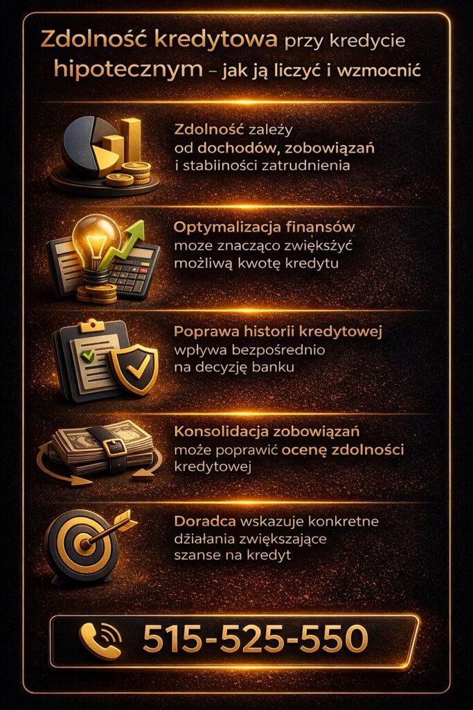 Kredyt hipoteczny dom Lubsko – zdolność kredytowa i jej optymalizacja. Infografika prezentuje wpływ dochodów, zobowiązań i historii kredytowej na decyzję banku oraz działania, które mogą zwiększyć możliwą kwotę kredytu i poprawić warunki finansowania.