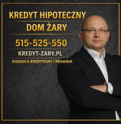 Doradca kredytowy i prawnik prezentujący ofertę kredytu hipotecznego na dom w Żarach. Profesjonalna grafika informacyjna pokazująca bezpieczne podejście do finansowania nieruchomości, analizę zdolności kredytowej, oprocentowanie oraz wsparcie na każdym etapie procesu