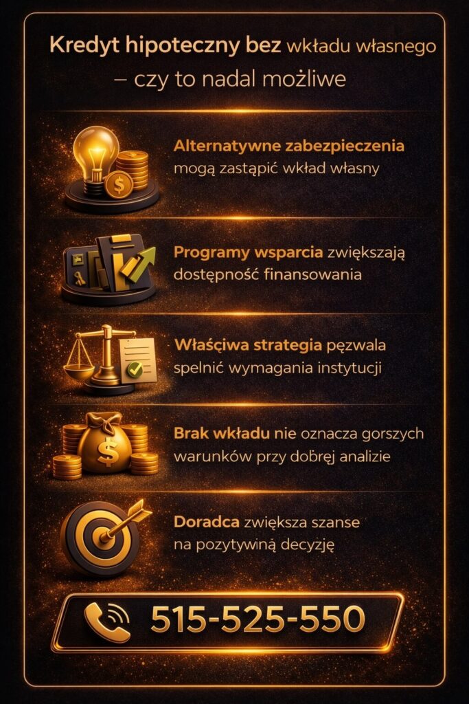 Kredyt hipoteczny dom Żary bez wkładu własnego – grafika pokazująca alternatywne zabezpieczenia, programy wsparcia oraz strategie zwiększające dostępność finansowania. Podkreśla rolę doradcy w uzyskaniu kredytu mimo braku oszczędności