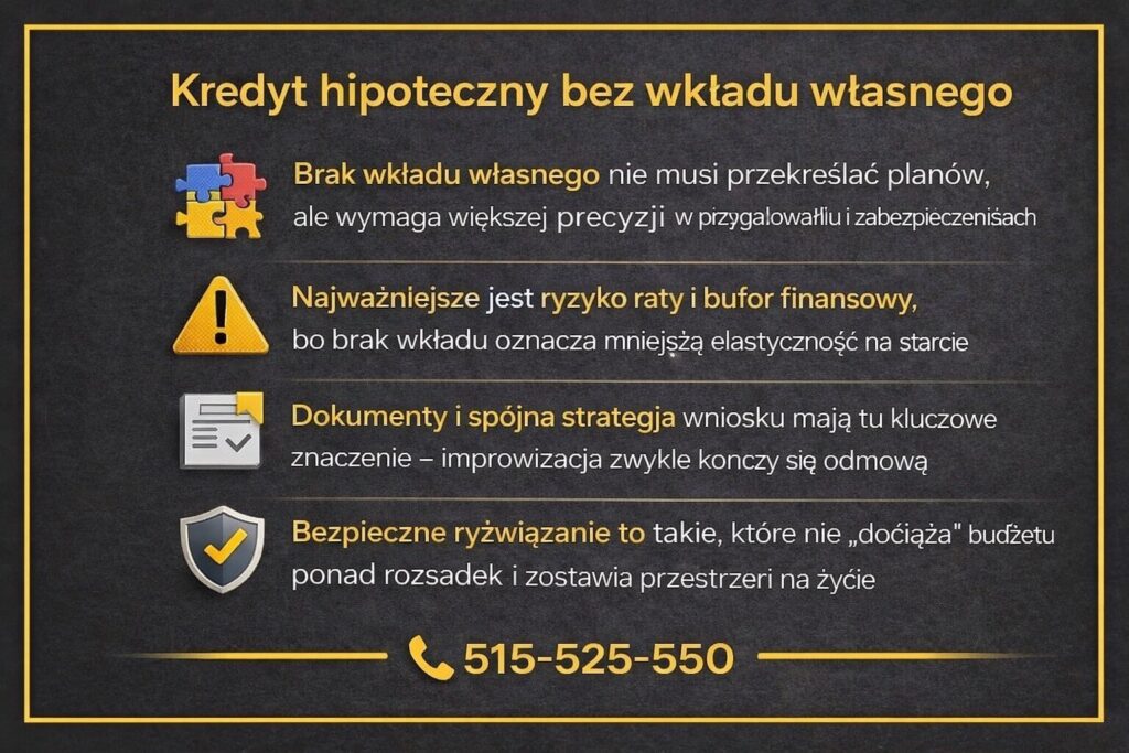 Finansowanie domu w Żarach bez wkładu własnego - infografika wyjaśniająca, jak działa kredyt hipoteczny bez kapitału początkowego. Pokazuje znaczenie bufora finansowego, ryzyka raty, spójnej strategii dokumentów oraz roli doradcy w uniknięciu odmowy banku.