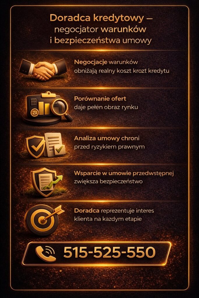 Finansowanie domu w Żarach z doradcą kredytowym – grafika przedstawia negocjacje warunków kredytu, analizę umowy oraz wsparcie prawne. Ilustracja podkreśla bezpieczeństwo transakcji i ochronę klienta przed niekorzystnymi zapisami w umowie