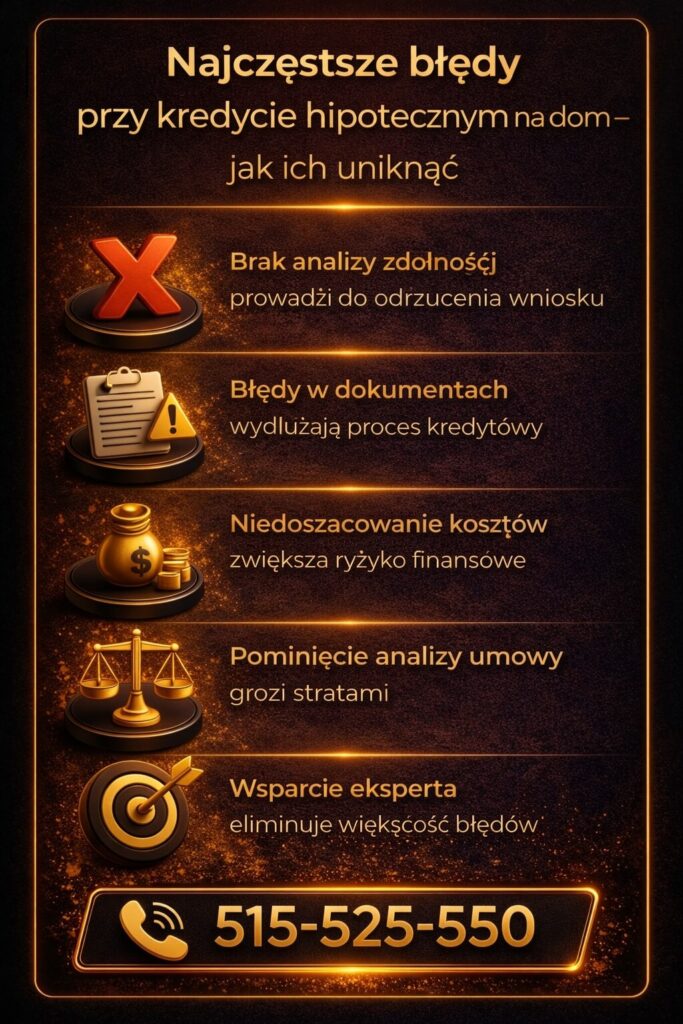 Najczęstsze błędy przy kredycie na dom Żary – grafika przedstawia brak analizy zdolności, błędy w dokumentach oraz pominięcie weryfikacji umowy. Wizualizacja pokazuje jak doradca kredytowy pomaga uniknąć problemów finansowych