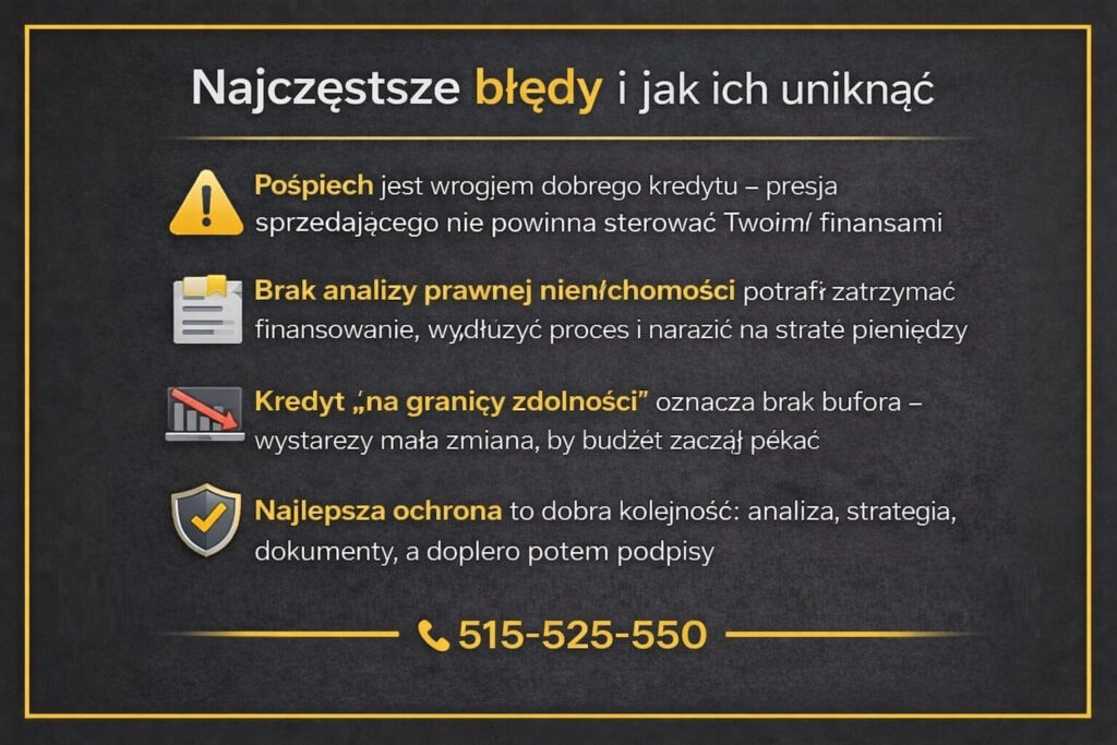 Kredyt na dom w Żarach - grafika edukacyjna pokazująca najczęstsze błędy przy kredycie hipotecznym. Ostrzega przed pośpiechem, brakiem analizy prawnej nieruchomości, kredytem na granicy zdolności oraz wskazuje właściwą kolejność działań i decyzji.