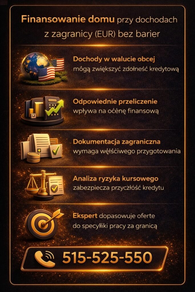 Kredyt na dom Żary dla osób zarabiających w euro – wizualizacja dochodów zagranicznych, przeliczania walut oraz analizy ryzyka kursowego. Grafika pokazuje jak odpowiednie przygotowanie dokumentów zwiększa szanse na uzyskanie kredytu