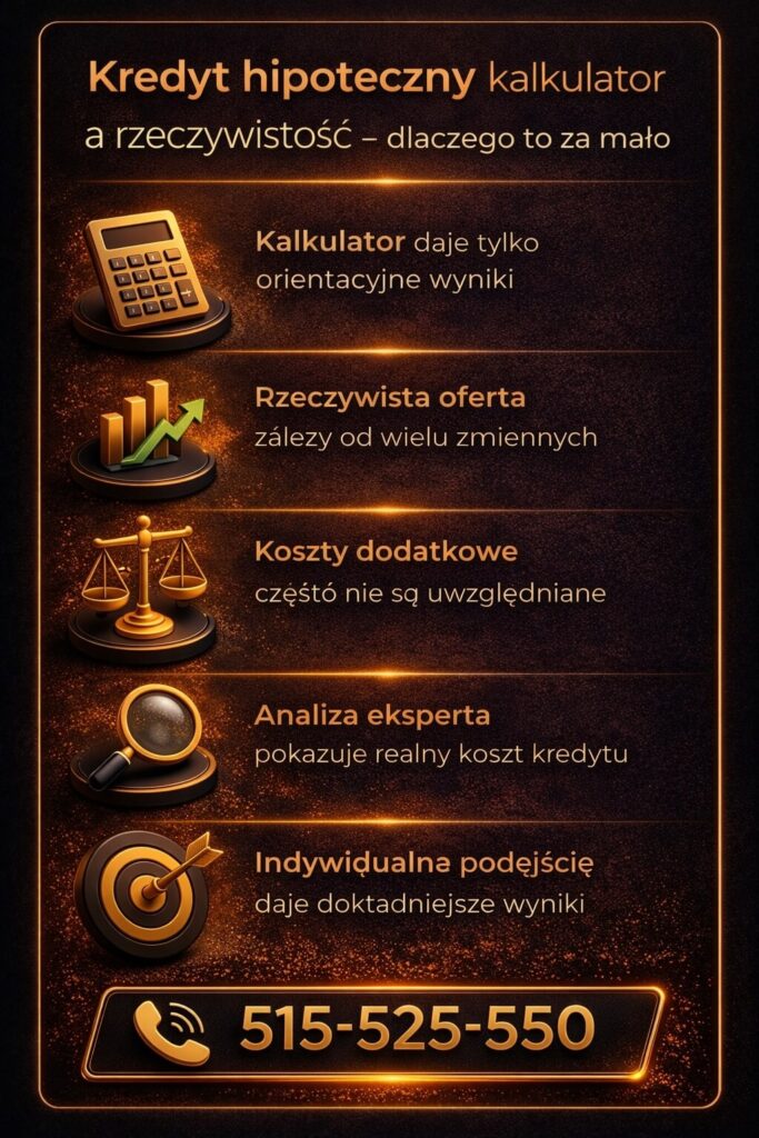Kredyt hipoteczny Żary kalkulator i analiza – grafika przedstawia różnicę między symulacją a realną ofertą banku, koszty dodatkowe oraz rolę eksperta. Pokazuje jak dokładna analiza pozwala uniknąć niedoszacowania kosztów kredytu