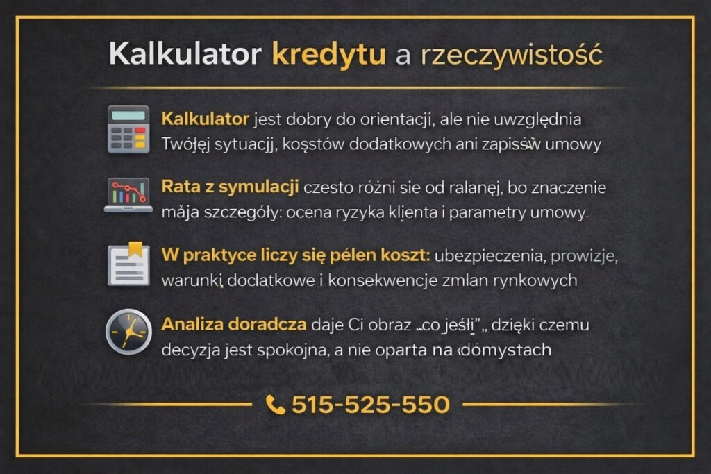 Kalkulator kredytu hipotecznego a rzeczywiste koszty domu w Żarach - grafika edukacyjna wyjaśniająca różnice między symulacją raty a realną ofertą banku. Pokazuje znaczenie ubezpieczeń, prowizji i zapisów umownych.