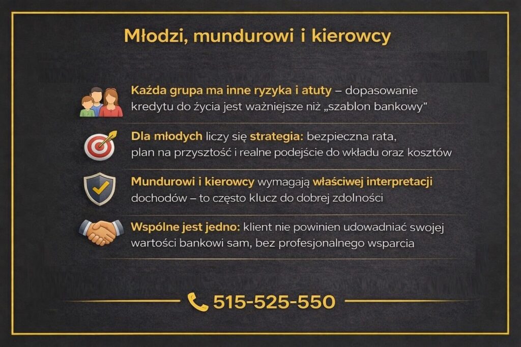 Kredyt hipoteczny dla młodych, mundurowych i kierowców w Żarach - plansza pokazująca różnice w ocenie dochodów i ryzyk. Grafika podkreśla konieczność indywidualnego dopasowania kredytu do sytuacji życiowej i zawodowej klienta.