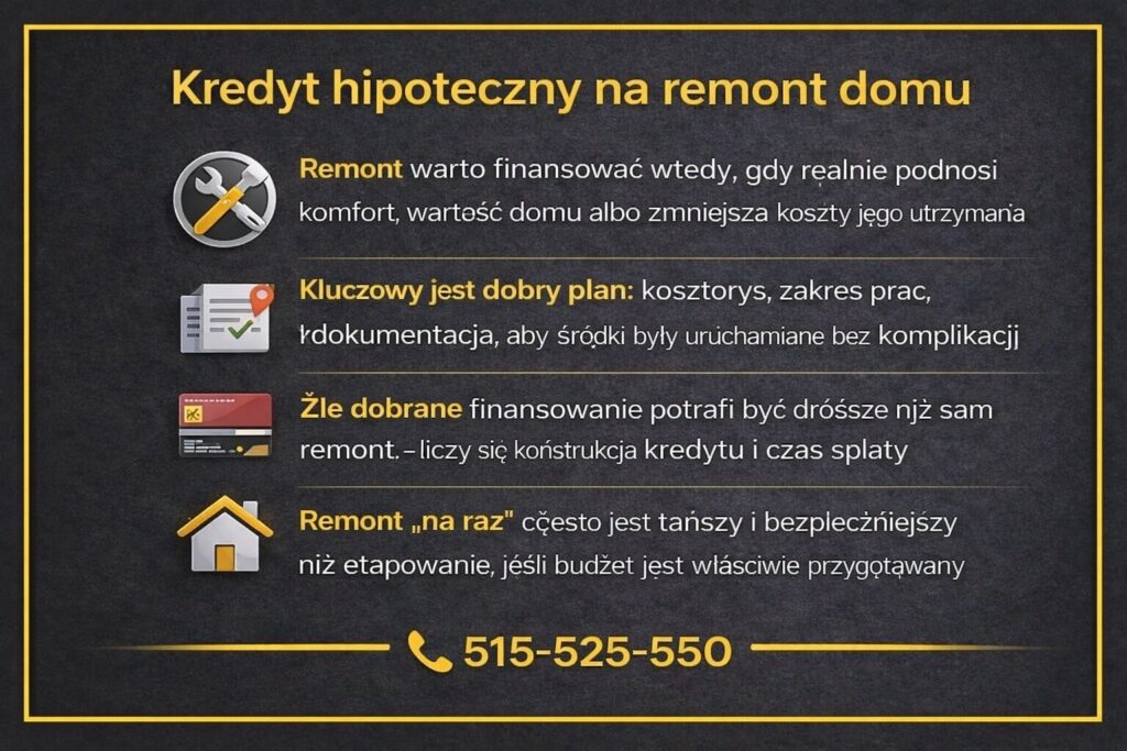 Kredyt hipoteczny dom Żary - plansza informacyjna dotycząca finansowania remontu domu. Grafika podkreśla znaczenie kosztorysu, planu prac i właściwej konstrukcji kredytu, aby remont zwiększał wartość nieruchomości i nie generował nadmiernych kosztów.