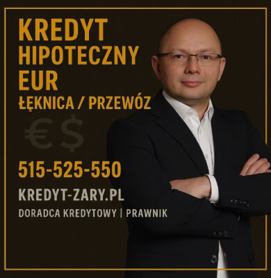 Doradca kredytowy i prawnik prezentujący ofertę kredytu hipotecznego EUR dla mieszkańców Łęknicy i Przewozu. Grafika przedstawia eksperta w eleganckim stroju, złotą ramkę i kontakt telefoniczny 515-525-550, podkreślając profesjonalne wsparcie finansowe.