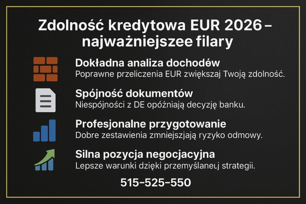 Infografika przedstawia cztery kluczowe elementy zdolności kredytowej przy ubieganiu się o kredyt hipoteczny EUR Łęknica i Przewóz. Pokazuje znaczenie analizy dochodów, spójności dokumentów, profesjonalnego przygotowania oraz strategii negocjacyjnej wpływającej na warunki kredytu.
